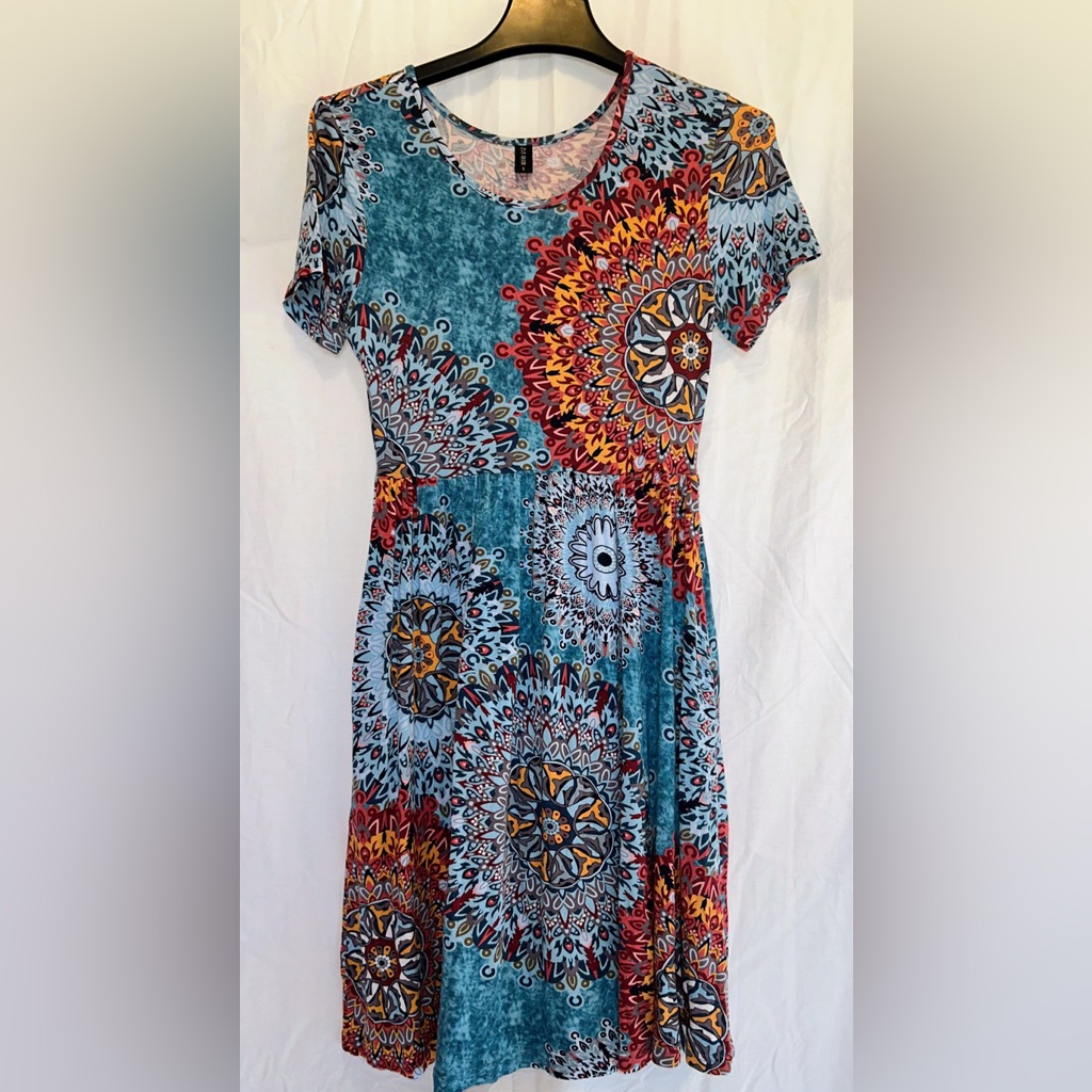 Db Moon Women's Boho Mandala Print Dress Short Sleeve Swing T-Shirt Dress- Sm